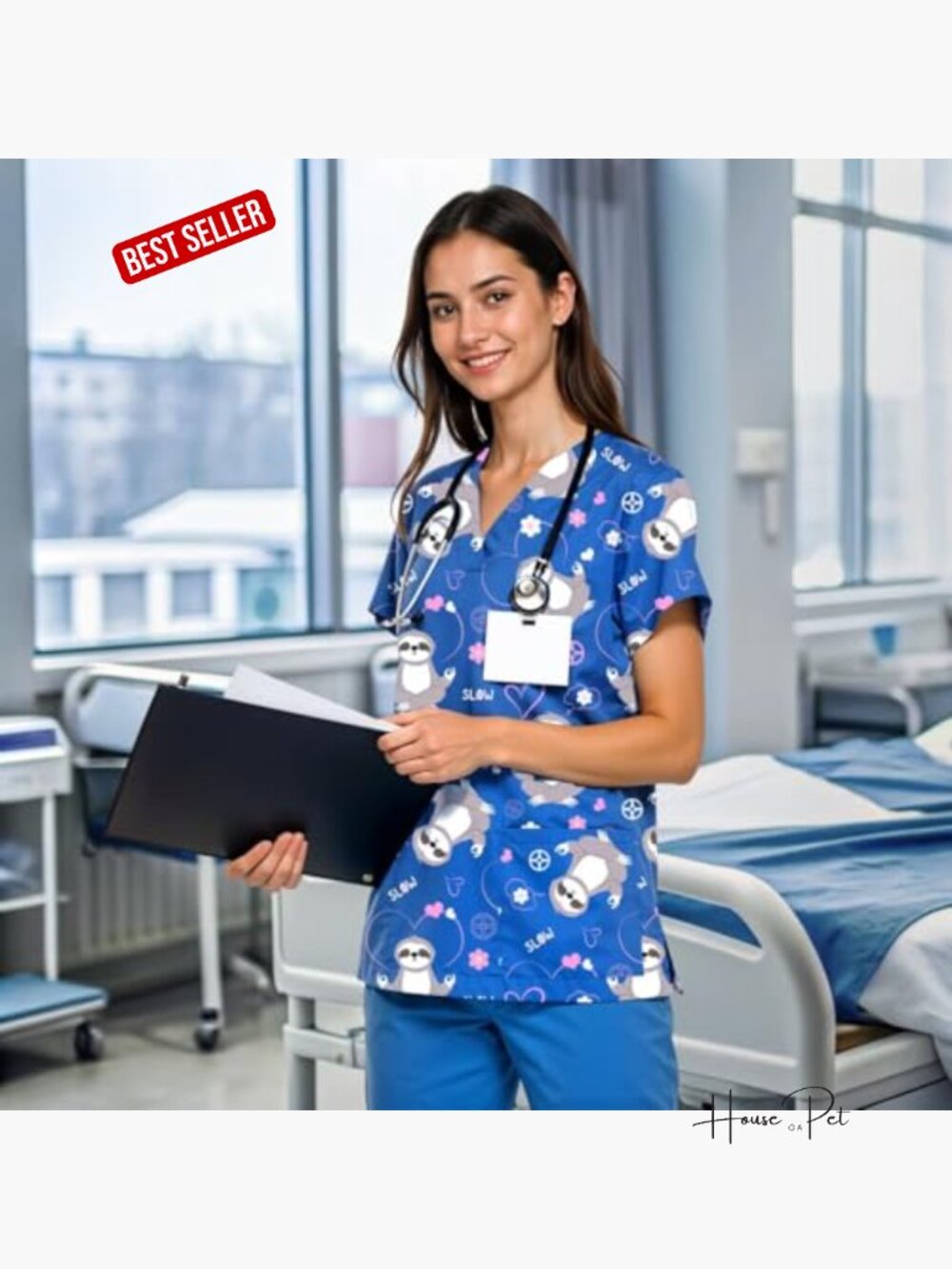 V Neck Cute Printed Scrub Top With Pockets - Short Sleeve Nurse Uniform View 3